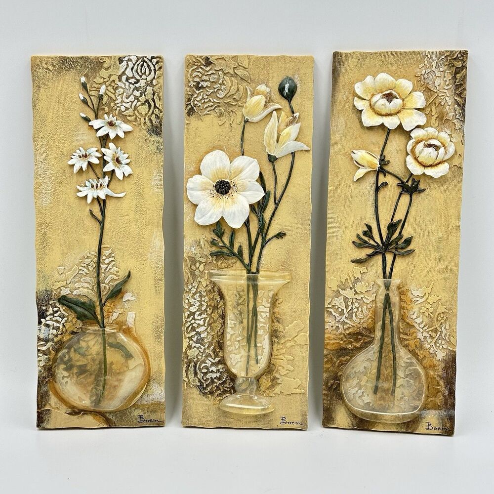 Boem Flowers Tile in Vase 3D Wall Hangings Bas-relief Set of 3 Vintage Signed